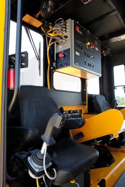 A shot from inside the cab of a SE Spiker from Nordco